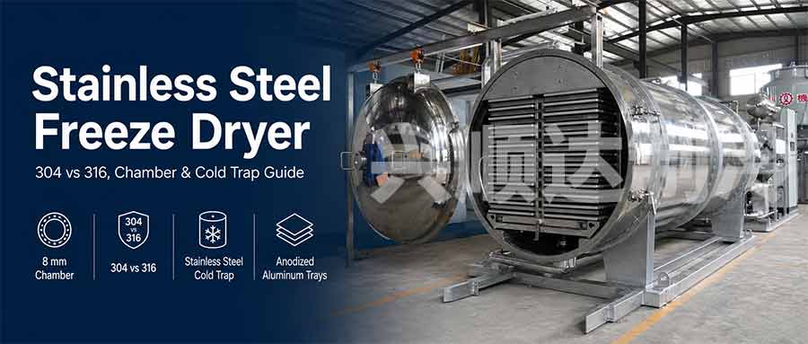 Stainless steel freeze dryer with open chamber, cold trap guide, 304 vs 316 stainless steel and anodized aluminum trays