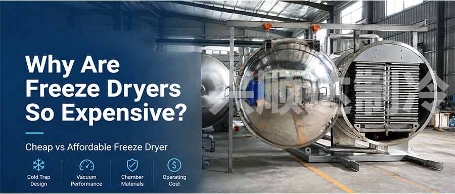 Industrial food freeze dryer showing cold trap design, vacuum performance, chamber materials, and operating cost factors