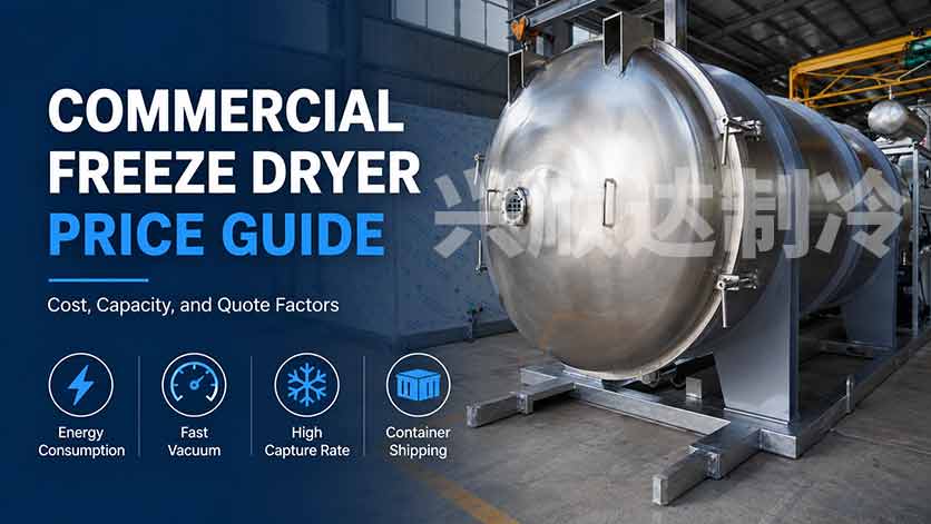 Commercial freeze dryer price guide showing industrial food freeze drying equipment with cost, capacity, and quote factor highlights