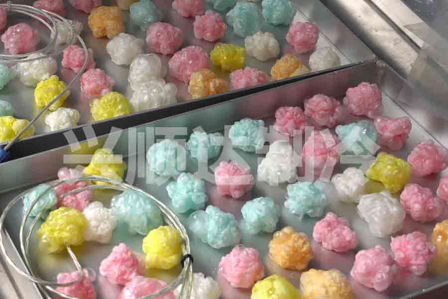 Freeze-dried gummy candy after processing in a candy freeze dryer