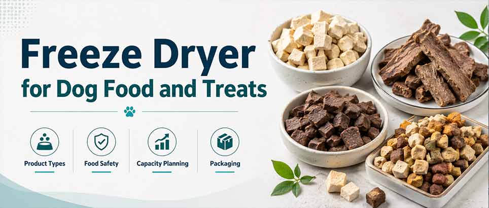 Freeze dryer for dog food and treats commercial production guide header with freeze-dried pet food samples