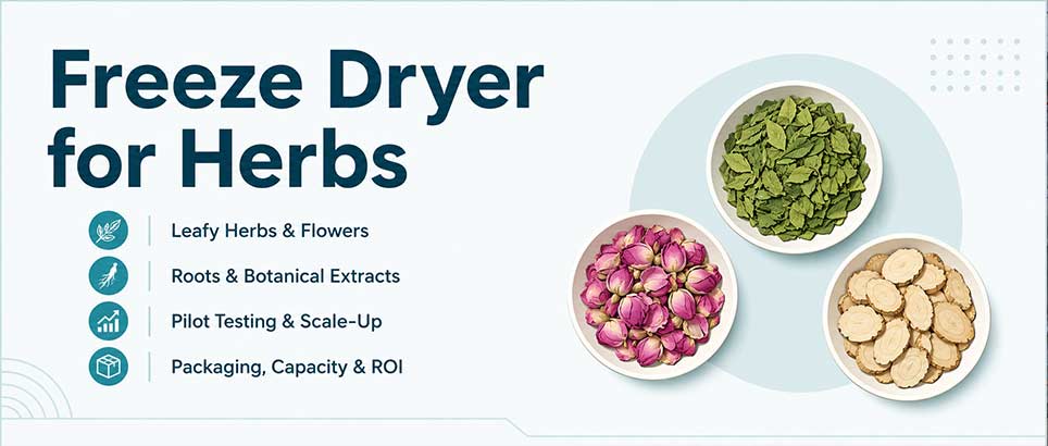 Freeze dryer for herbs guide with freeze-dried leafy herbs, flower buds, and botanical root slices