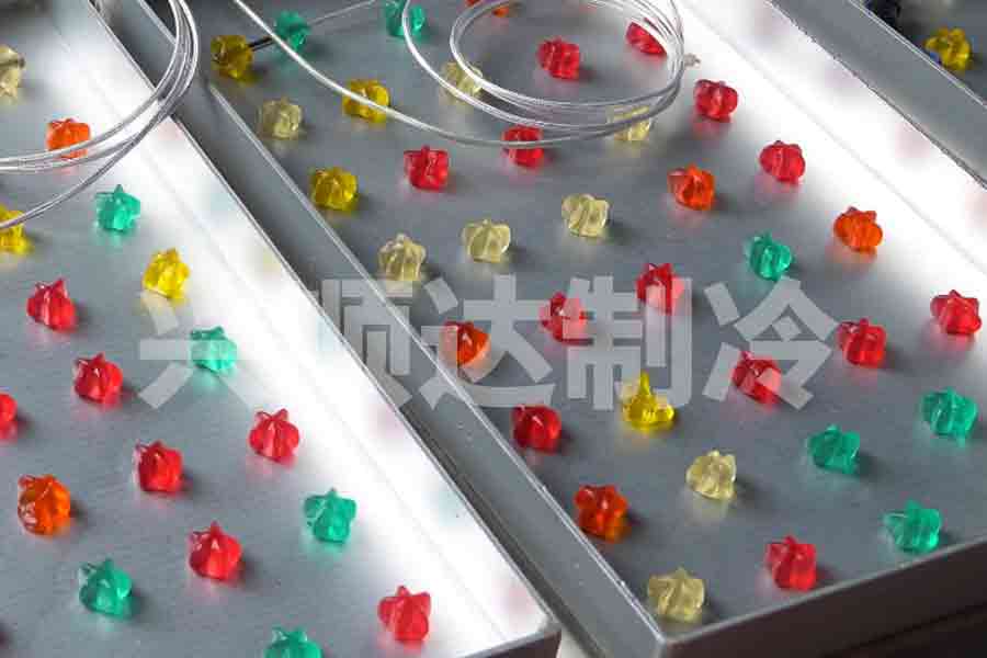 Gummy candy arranged on stainless steel trays before candy freeze dryer processing
