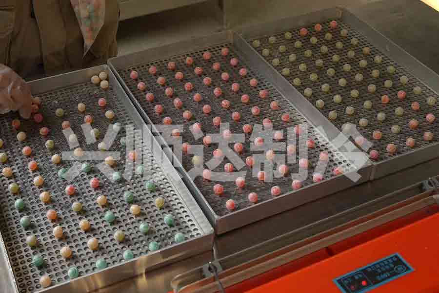 Hard candy arranged on perforated trays before candy freeze dryer processing