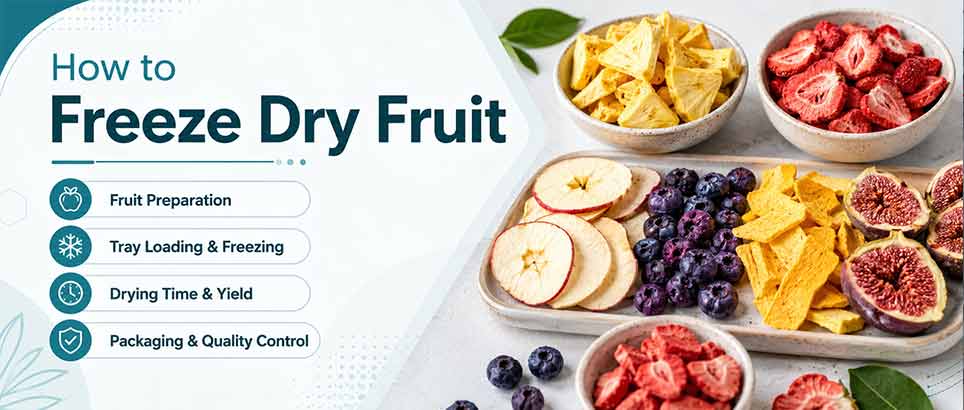 How to freeze dry fruit for commercial production with freeze-dried pineapple, strawberry, apple, blueberry, mango, and fig samples