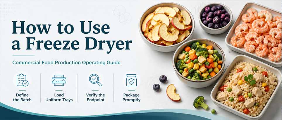 How to use a freeze dryer for commercial food production with freeze-dried apple, blueberry, shrimp, vegetables, and rice samples