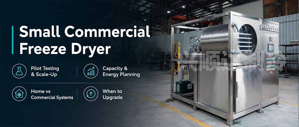 Small commercial freeze dryer for food business showing pilot testing, capacity planning, home vs commercial systems, and upgrade guidance