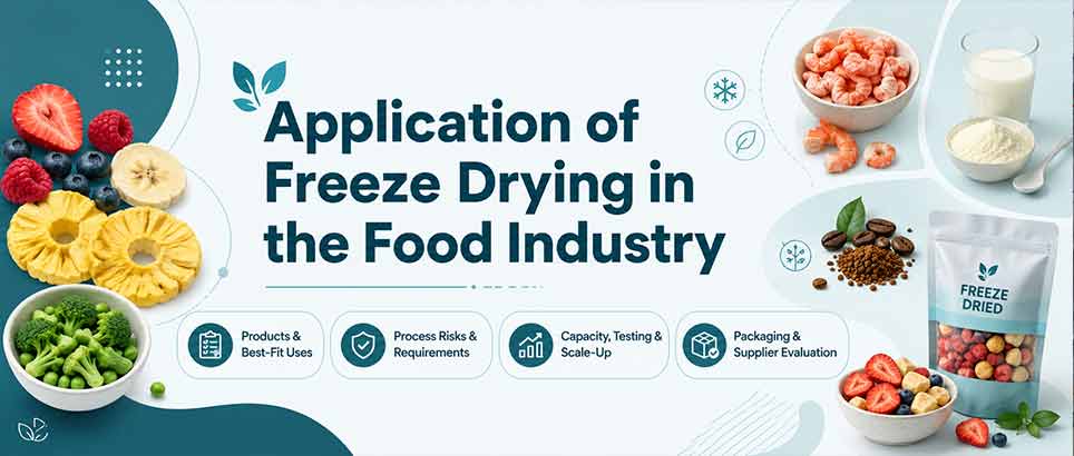 Application of freeze drying in the food industry showing fruit, vegetables, shrimp, milk, coffee and packaged freeze-dried products
