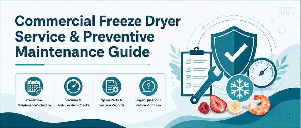 Commercial freeze dryer service and preventive maintenance guide with schedule, vacuum and refrigeration checks, spare parts, and service records