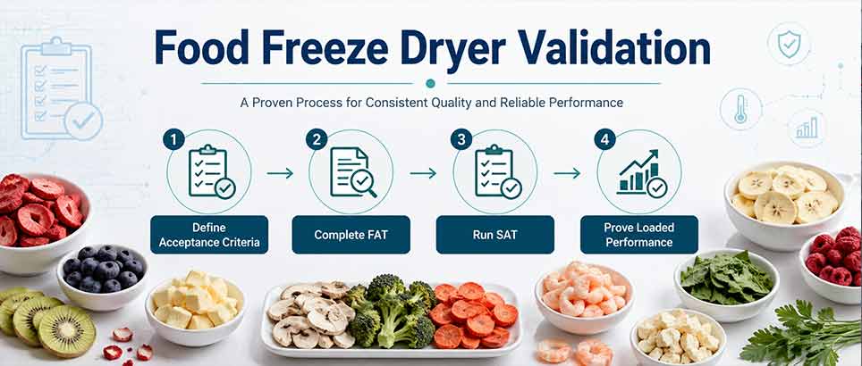 Food freeze dryer validation header showing FAT, SAT, acceptance criteria, loaded performance, and freeze-dried food samples