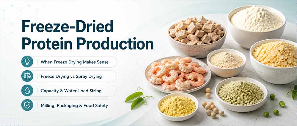 Freeze-dried protein production guide with protein powders, shrimp, and freeze-dried protein ingredients