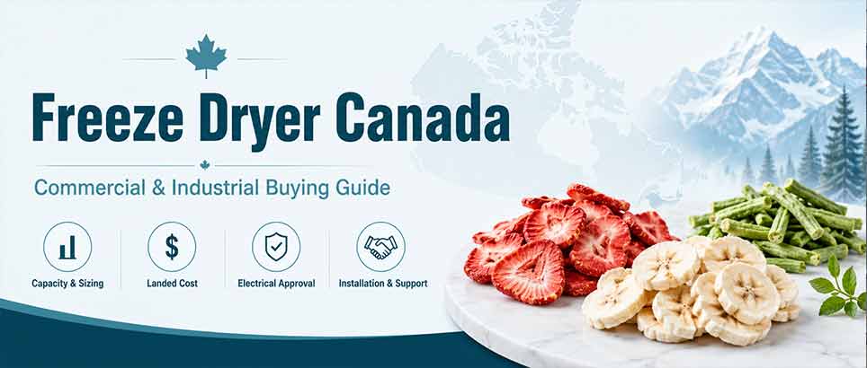 Freeze Dryer Canada commercial and industrial buying guide header with freeze-dried strawberries, banana slices, and green vegetables