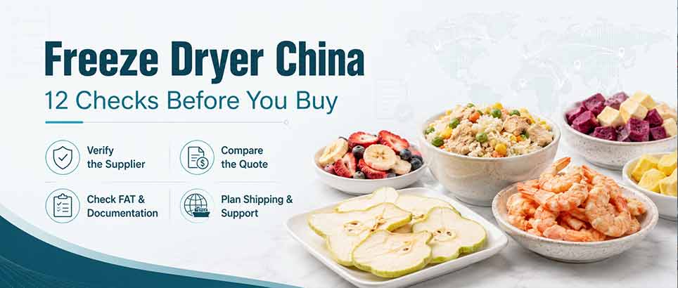 Freeze Dryer China buyer guide header with supplier verification, quote comparison, FAT documentation, shipping support, and freeze-dried food samples