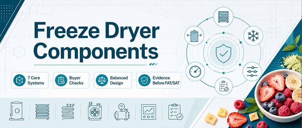 Freeze dryer components infographic showing 7 core systems, buyer checks, balanced design, and evidence before FAT/SAT