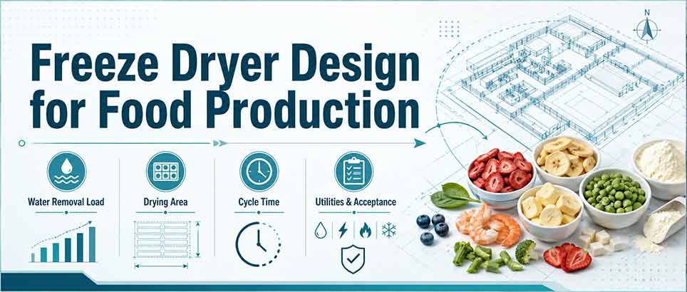 Freeze dryer design for food production with water load, drying area, cycle time, and utilities planning