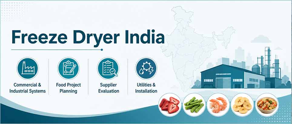 Freeze Dryer India header showing commercial and industrial food systems, food project planning, supplier evaluation, and utilities installation