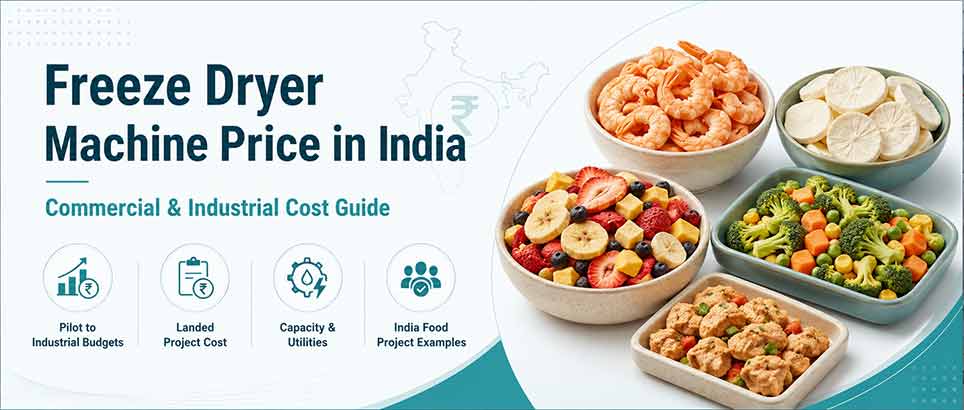 Freeze dryer machine price in India guide with freeze-dried shrimp, fruit, vegetables, and prepared food samples