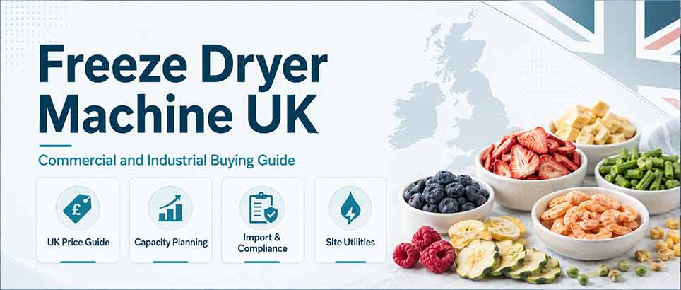 Freeze Dryer Machine UK commercial and industrial buying guide header with UK price guide, capacity planning, import compliance, site utilities, and freeze-dried food samples