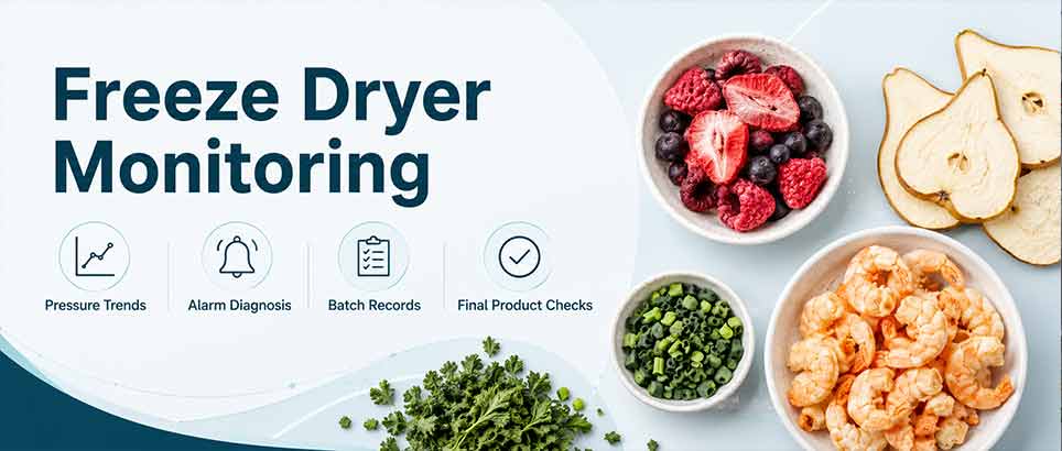 Freeze dryer monitoring header image with pressure trends, alarm diagnosis, batch records, final product checks, and freeze-dried food samples