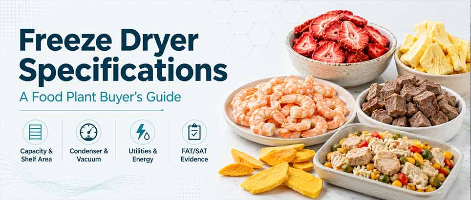 Freeze dryer specifications guide header with freeze-dried strawberries, pineapple, shrimp, meat cubes and prepared meal samples