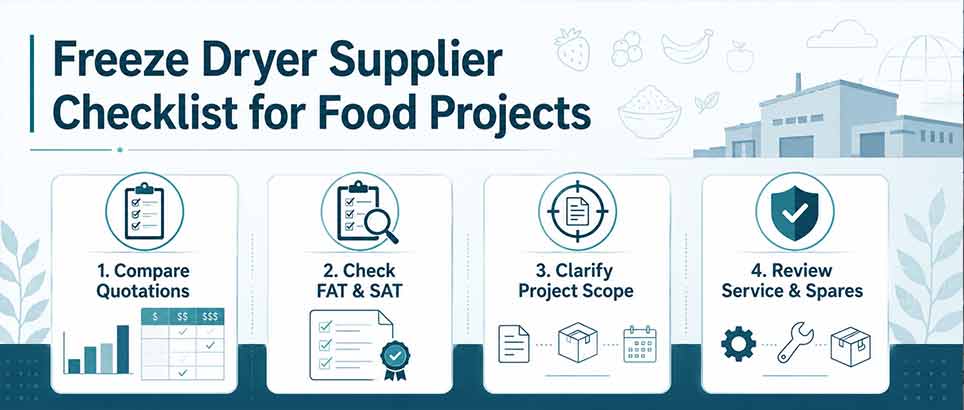 Freeze dryer supplier checklist for food projects with quotation comparison, FAT and SAT review, project scope clarification, and service spare parts review