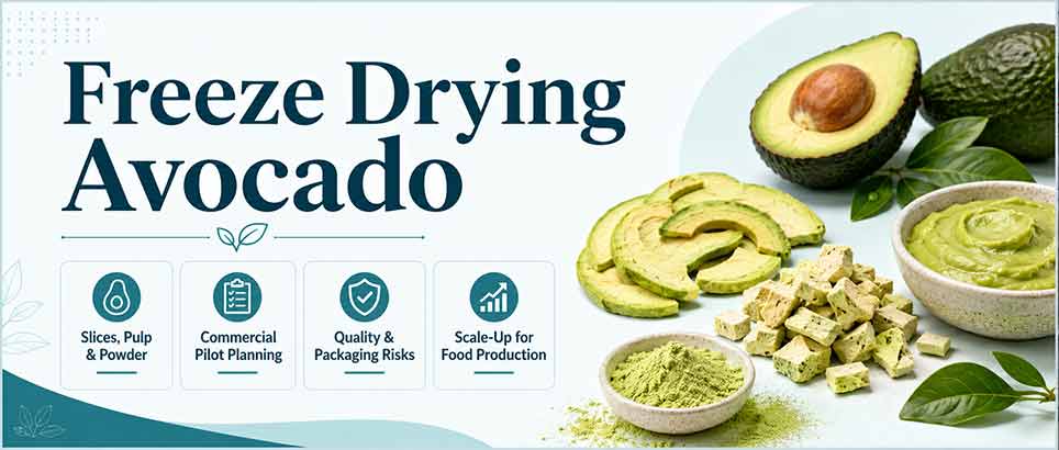 Freeze drying avocado commercial pilot and scale-up guide showing avocado slices, powder, pulp, and freeze-dried pieces