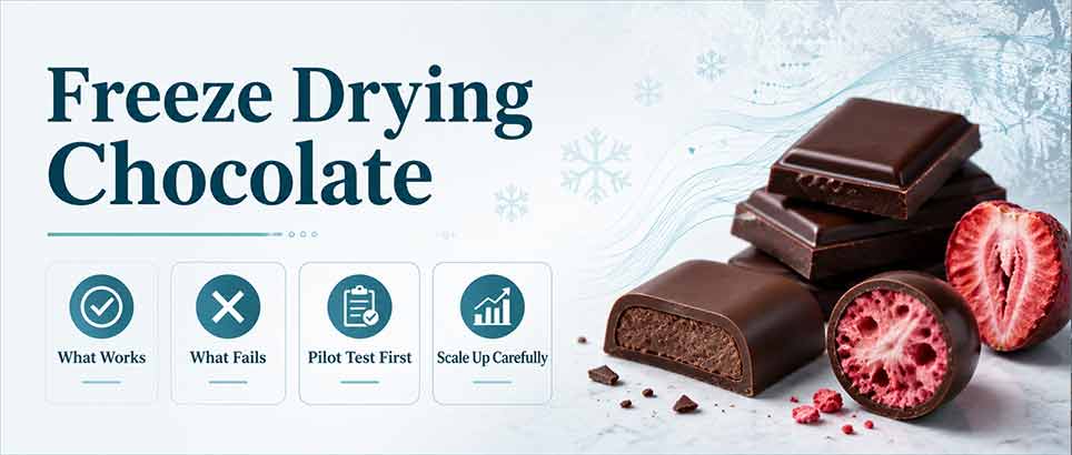 Freeze drying chocolate guide header showing chocolate pieces, freeze-dried strawberry center, and key points about what works, what fails, pilot testing, and scale-up.