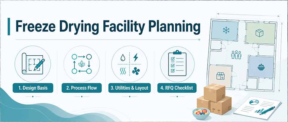 Freeze drying facility planning for food production with design basis, process flow, utilities layout and RFQ checklist