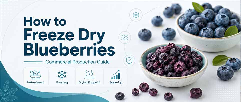 How to freeze dry blueberries for commercial production with pretreatment, freezing, drying endpoint and scale-up