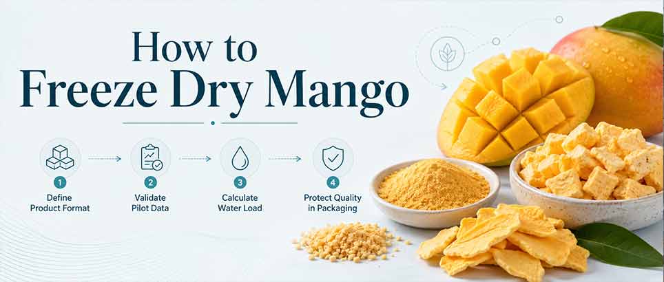 How to freeze dry mango for commercial production with product format, pilot data, water load, and packaging quality