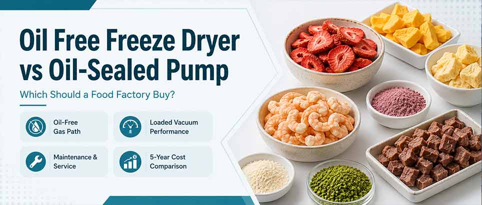 Oil free freeze dryer vs oil-sealed pump comparison with freeze-dried food samples for food factory buyers