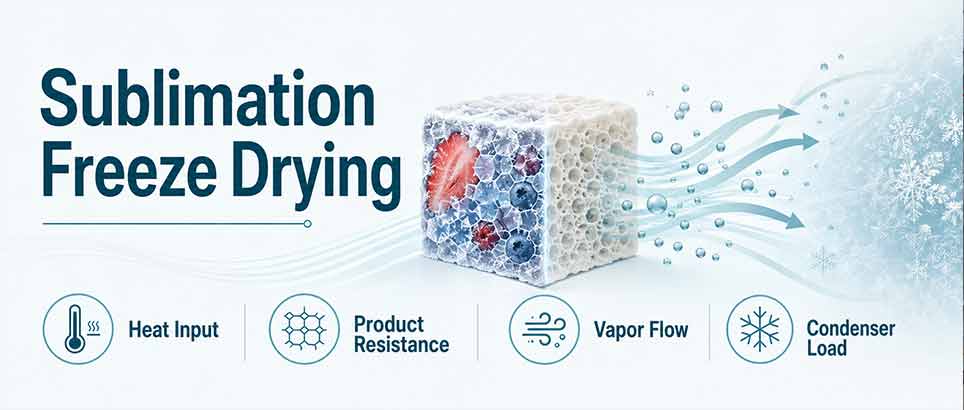 Sublimation freeze drying infographic showing heat input, product resistance, vapor flow, and condenser load