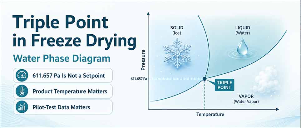 Triple point in freeze drying phase diagram showing solid, liquid and vapor regions