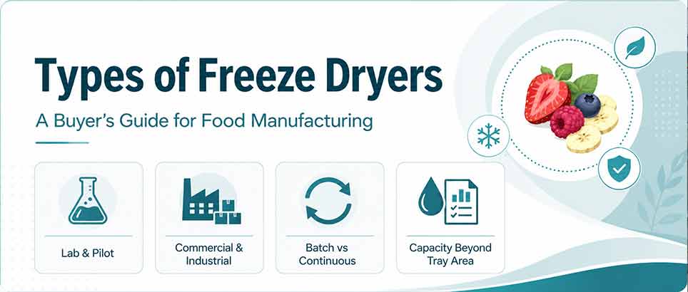 Types of freeze dryers guide for food manufacturing showing lab and pilot, commercial and industrial, batch vs continuous, and capacity beyond tray area