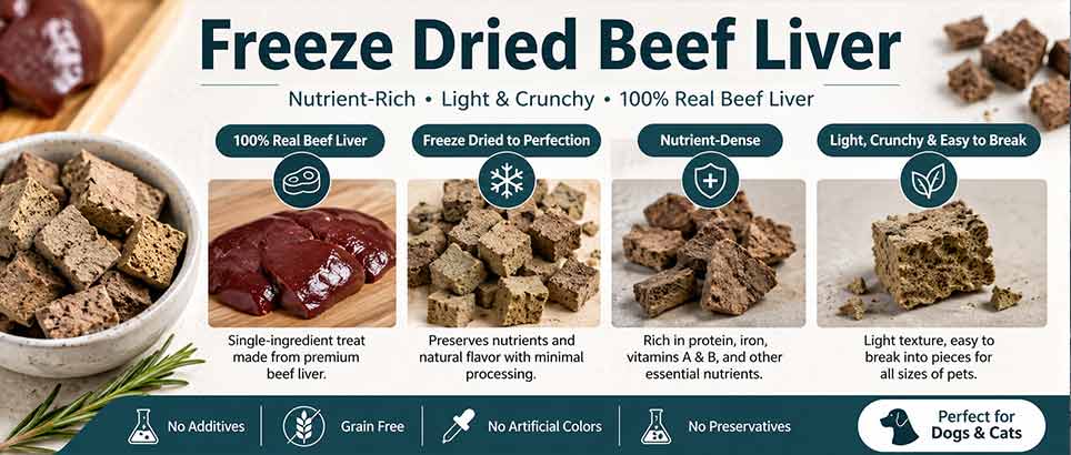 Freeze dried beef liver pieces for commercial pet treat production