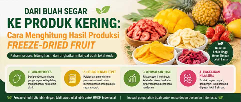 Infographic header about calculating freeze-dried fruit production yield with fresh and dried fruit examples