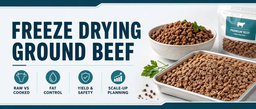 Freeze drying ground beef for commercial production with raw vs cooked, fat control, yield, safety and scale-up planning