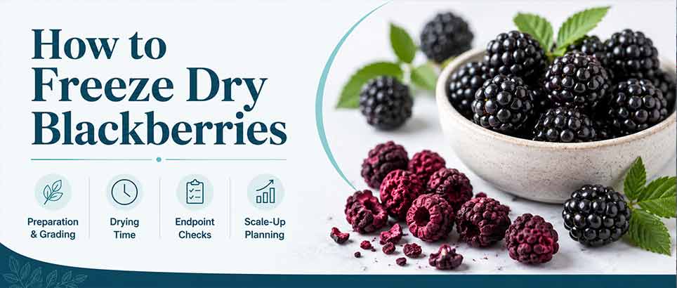 How to freeze dry blackberries header image with fresh and freeze-dried blackberries, drying time, endpoint checks, and scale-up planning