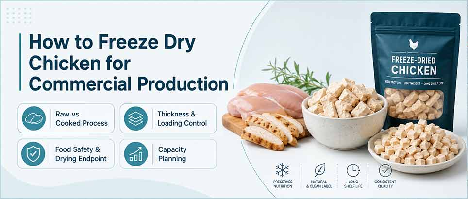 How to freeze dry chicken for commercial production with raw chicken, freeze-dried chicken pieces, and key process highlights