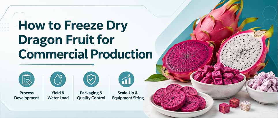How to freeze dry dragon fruit for commercial production header image with fresh dragon fruit and freeze-dried pieces