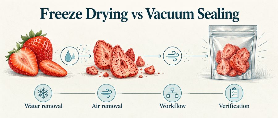 Freeze drying and vacuum sealing illustration: water removal, air removal, workflow and verification