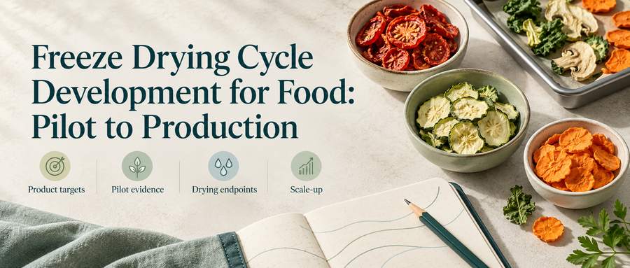 Food freeze-drying cycle development: product targets, pilot evidence, drying endpoints and scale-up