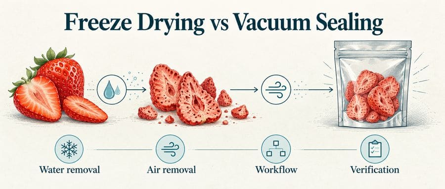 Freeze drying and vacuum sealing illustration: water removal, air removal, workflow and verification