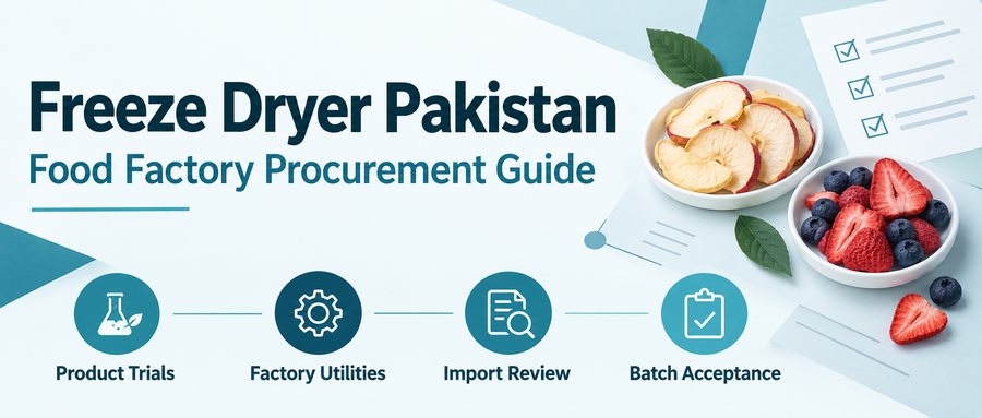 Freeze Dryer Pakistan food factory procurement guide showing food samples and four purchasing checkpoints.