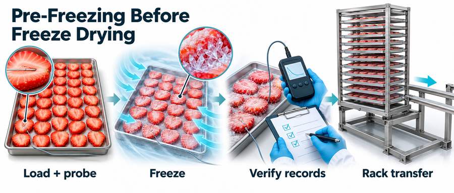Pre-freezing before freeze drying: define the food load, freeze, verify product evidence and protect transfer