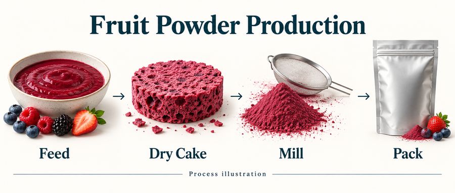 Process illustration showing fruit feed, a dry cake, milling and a sealed powder pouch